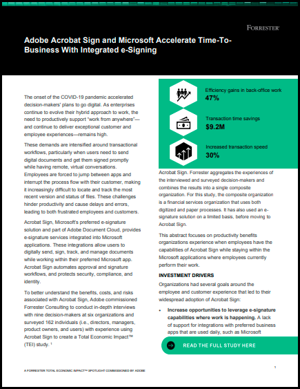 Forrester TEI Spotlight: Adobe Acrobat Sign and Microsoft Accelerate Time-To-Business With Integrated E-signing Spotlight