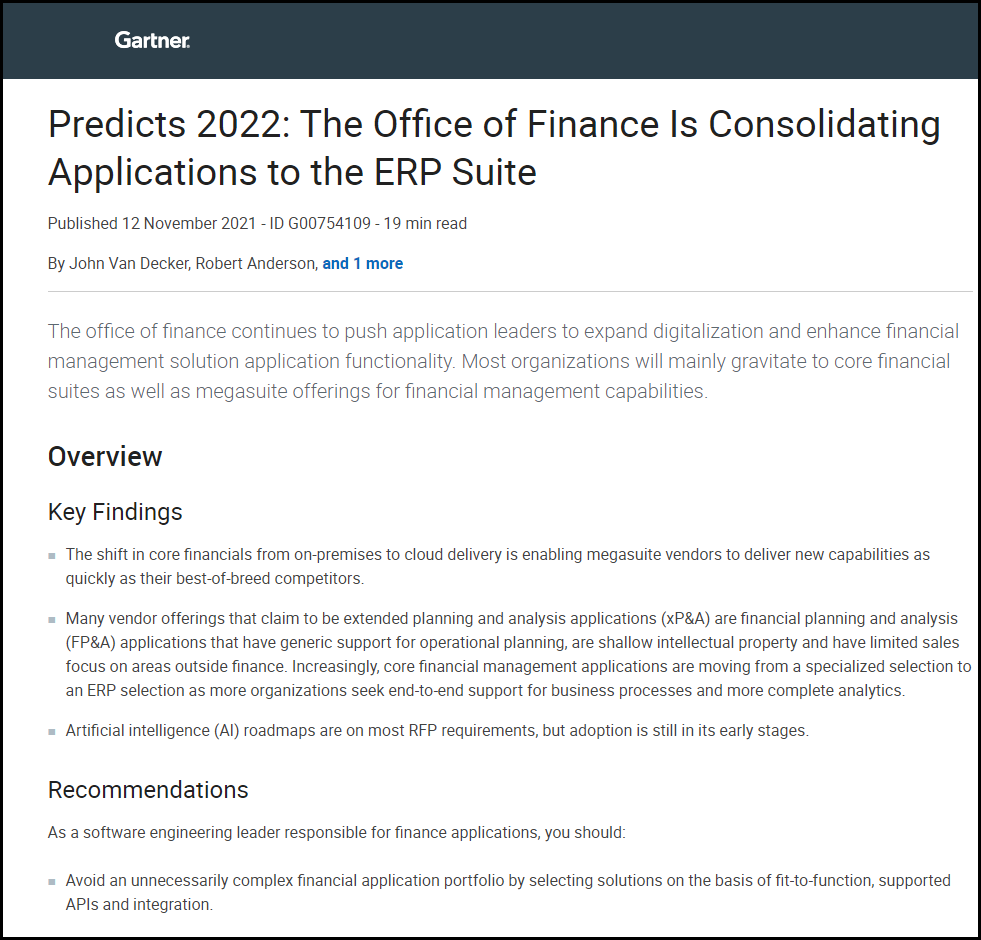 Gartner® Predicts 2022 The Office of Finance Is Consolidating