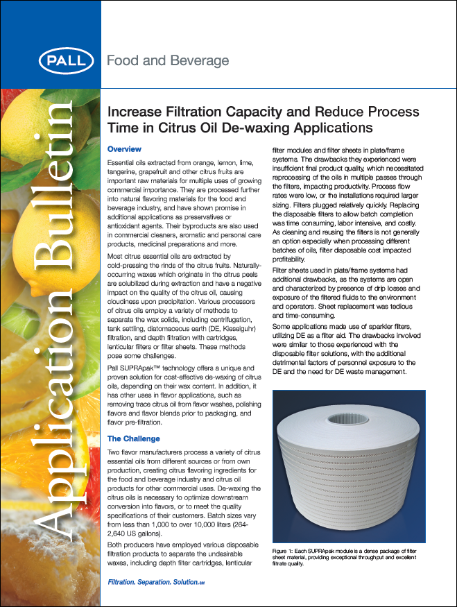 Increase Filtration Capacity and Reduce Process Time in Citrus Oil De-waxing Applications