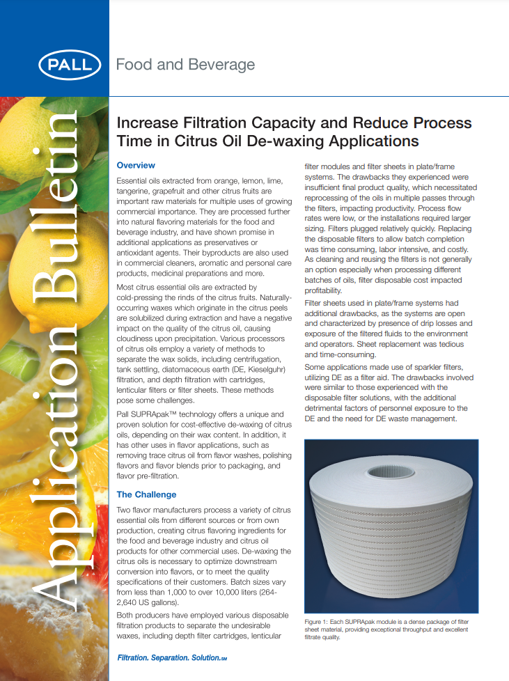 Increase Filtration Capacity and Reduce Process Time in Citrus Oil De-waxing Applications