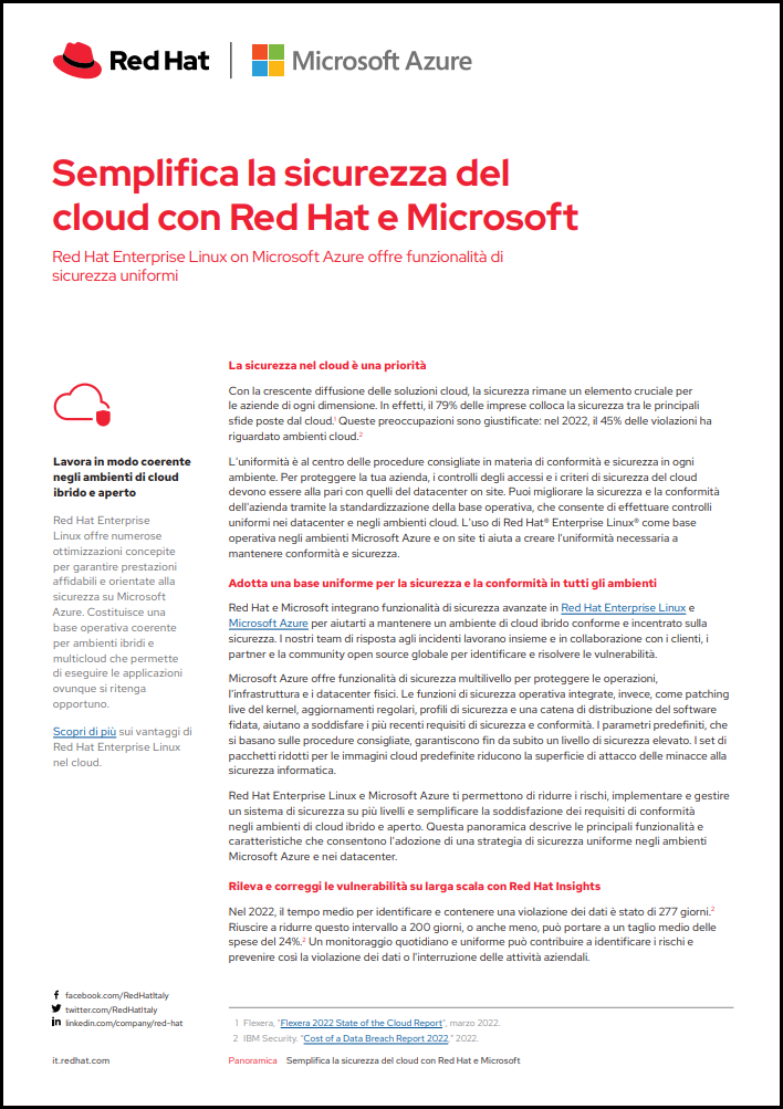 Semplifica la sicurezza del cloud con Red Hat e Microsoft